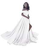 Ballkleid Satin Ballkleider Lang Schulterfrei Split Formell Hochzeit Kleid für Frauen - Weiß - 48