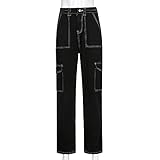 Patchwork Baggy Jeans Streetwear Baumwolle Frauen Denim Hose Lose Cargohose Koreanische Jeans Harajuku Taschen-Schwarz_