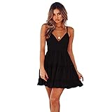 Damen Sexy V-Ausschnitt Rückenfrei Spaghetti-Träger Spitze Stickerei Mini Swing Skaterkleid Sommerkleid, Schwarz , S