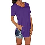 Longshirt Kurzarm Damen Sport Shirt Fitness T-Shirt vital, Einfarbig Funktionsshirt, V-Ausschnitt Atmungsaktiv Schnelltrocknendes Trainingsshirt (Violett,XXL)