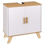 eSituro SBP0026 Waschbeckenunterschrank Badschrank mit Siphonausschnitt Waschtischschrank Badzimmerschrank Badregal Aufbewahrungsschrank verstellbare Ebene aus MDF Bambus Weiß N