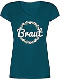 JGA Junggesellenabschied Frauen - Braut Blumenkranz - M - Türkis - JGA Tshirt pink - XO1525 - Damen T-Shirt mit V