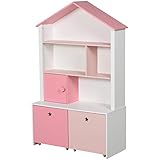 HOMCOM Kinderregal mit Rollen Standregal Bücherregal Dekoregal mit 4 Fächer Rosa 80 x 34 x 130