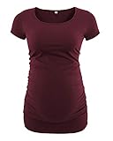 Love2Mi Damen Kurzarm Umstandsshirt Mutterschaft Klassische Seite Geraffte T-Shirt Tops Mama Schwangerschaft Kleidung, Weinrot, M