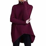 Bartira Pullover für Damen 2021 Lange Fledermausärmel Pullover Asymmetrisch Rollkragen Pullover Lose Strick Sweater Tops Pulli, weinrot, XXX-Larg