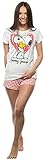Brandsseller Damen Schlafanzug Kurz Zweiteilig 100% Baumwolle - Pyjama Freizeitanzug Shorty Set mit Motiven im Stil von Snoopy Weiß/Rosa L