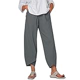 Sfit Sommerhosen Damen Leicht 7/8 Haremshosen aus Baumwolle und Leinen mit Weitem Bein Lose Hose Lockere Casual Stoffhosen Elastischer Bund Modedruck Freizeithosen mit Pocket(B# Grau, XL)