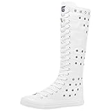 ANUFER Mädchen Damen Fashion Kniehohe Schnürstiefel Canvas Reinweiß schwarz Reißverschluss Tanzstiefel, Weiá (weiße Ösen), 36.5 EU