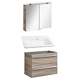 FACKELMANN hellbraunes Badmöbel Set 3-TLG. Luxor hängend Waschbecken 80 cm & LED Spiegelschrank