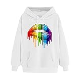 SALEBLOUSE Damen Bunte Lippen Bedruckt Pullover Langarm Hip Hop Kordelzug Hoodies Jumper Frauen Herbst und Winter Mode Baggy Kapuzen Sweatshirt Sweater Tops Outwear Bluse mit Käng