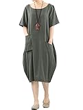 FTCayanz Damen Leinenkleider Sommerkleid Kurzarm Große Größen Leinen Tunika Kleid mit Taschen Armeegrün XL