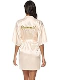 NC Damen Morgenmantel Satin Kimono Spitze Bademantel Half Ärmel Kurze Robe Nachtwäsche Leicht V-Ausschnitt mit Gürtel für Braut Brautjungfer Hochzeit Brautjungfer-champagne XL