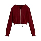 Crop Hoodie Damen Sweatjacke Bauchfrei Kapuzenpullover Langarm Kurz Sweatshirt Einfarbig Pullover Kapuzenjacke Cropped Jacke mit Zip