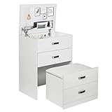 Laneetal 3 in 1 Schminktisch mit Spiegel und Hocker, Kosmetiktisch Frisiertisch mit Aufklappbarem Spiegel, Schubladenschrank, Kommode, 60 * 80 * 40cm, Weiß