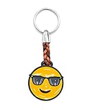 ClaroSchmuck Schlüssel-Anhänger Emoji mit der Sonnenbrille Schlüsselring aus Metall Stärke 2 mm, Band aus Kunstleder, Gesamtlänge ca. 98