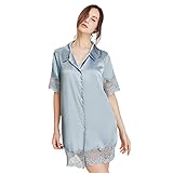 WAWY Damen Nachthemd aus Seide mit kurzen Ärmeln Nachtwäsche mit Knöpfen und Spitzenkante Elegantes Damen Nachthemd für die ganze Saison,Blau,XL