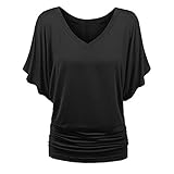 Lulupi Damen Shirt Fledermaus V-Ausschnitt Blusenshirt Ruffles Kurzarm Bluse Tunika Übergröße Elegant Oberteile Locker Lässig Top