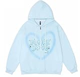 Damen Y2K Gothic Loose Fit Kapuzenjacke Oversized Vintage Graphic Zip Up Mantel Halloween Casual Sweatshirt mit Tasche, D Blau, 38