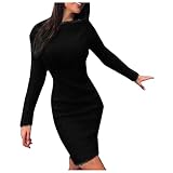 TTWOMEN Damen Rundhalsausschnitt Langarm Strick Pullover Kleid Herbst Winter Rollkragen Einfarbig Schlank Plüsch Minik