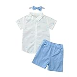 Briskorry Bekleidungssets 3tlgk Kleinkind Jungen Kurzarm KnöpfeT-Shirt und Solide Kurze Hose Stirnband Bekleidungssets Outfits Sets Poloshirts mit Elastischen Kurzen Hosen Gentleman Kleidung