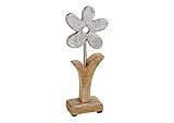 TEMPELWELT Deko Figur Blume Blümchen 22 cm, Mango Holz massiv Natur braun Metall Blüte Alu Silber, Holzdeko Aufsteller Frühling O