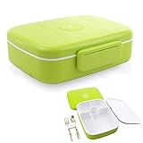 eSeasons Bento Lunch-Box auslaufsichere 5 Fächern Weiss-Grün Edelstahlbesteck BPA F