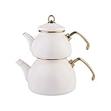 Karaca Retro Emaille Teekannen Set, Creme, Induktion, Teekocher, Wasserkocher, Teeaufguss 1,1L, Wasserkanne 2,3L, Türkische Teekanne, Tea Maker, Caydanlik, Demlik