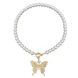 Persdico Butterfly Pendant Simulated Pearl Necklace Strand Necklace Bead Toggle Clasp Pearl Pendant Necklace Jewelry For Women G