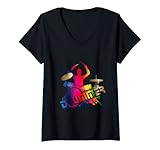 Damen farbenfroher Schlagzeuger sitzt am Schlagzeug T-Shirt mit V