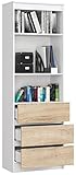 BDW- Bücherregal, Jugend Bücherregal, Bücherregal für das Wohnzimmer, Raumteiler - 3 Schubladen 2 Einlegeböden 185x60x35cm VIELE Farbe ! (Weiß / Eiche Sonoma)