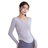 Damen Sport Fitness V-Ausschnitt Langarm T-Shirt Atmungsaktives Funktionelles Sport Training Fitness T-Shirt Locker Geschnittenes Laufshirt Yoga Top (L,Violett)