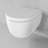 Spülrandloses Hänge WC weiß glanz I Wand WC Tiefspüler I Hänge WC spülrandlos kurze Ausladung 49cm I Schallschutz Wand WC randlos I Hänge WC Sitz mit Absenkautomatik (49cm, mit Schallschutz)