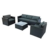 IZER Polyrattan Lounge Farbe: schwarz/dunkelgrau. Gartenmöbel Set für 4-6 Personen. Gartenlounge Set mit Sofa, Tisch und 2X Sessel - Polyrattan- Schwarz/Sitzbezüge in dunkelg