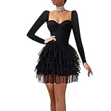 Votuleazi Damen Abendkleid Tüll Schulterfrei Cocktailkleider mittellange Mesh Abendkleid Abendkleid, Schwarz 3, M