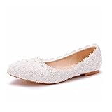 HOYOCE Damen Hochzeitsschuhe, Spitz Freizeitschuhe Spitze Blume Brautschuhe Kleid Wohnungen Größe,Weiß,40 EU