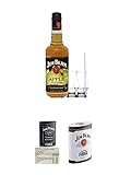 Jim Beam APPLE Whiskey 0,7 Liter + 2 Glencairn Gläser und Einwegpipette + Jack Daniels Malt Whisky Fudge in Blechdose 300g + Jim Beam Malt Whisky Fudge in Blechdose 300g