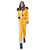 Blingko Schneeanzug Damen Einteilig mit Kapuze Skioverall Winter Warme Schnee Skifahren Sätze Outdoor Jumpsuit Langer Overall mit Kapuze Reißverschluss Skianzüge Wasserdicht Skibekleidung