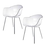 Damiware Romeo Wohnzimmerstuhl Esszimmerstuhl 2er-Set Transparent Polycarbonat und Metall Retro Design Stuhl für Büro Lounge Küche Wohnzimmer (Kristall)