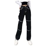 Cocila Damen Punk Schwarze Baggy Jeans, High Waist Cargo Hosen, Retro Gothic Straight Leg Lange Jeans Freizeithosen Breites Bein H