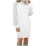 Briskorry Damen Pullover Strickkleider Knielanges Langarm Spitzenä Rmeln Strickkleid Casual Einfarbig Winterkleid Rundhalsausschnitt Pulloverkleid Midi Langarmk