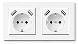 RAVPHICS Doppelsteckdose mit USB (Max 3.4A), USB Schuko Wandsteckdose Passt in Standard 2-fach Unterputzdose, Reinweiß Glänzend, Einfache I