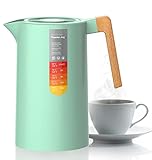 MONODEAL Thermoskanne 1Liter, Isolierkanne Stainless Steel 304, Quick-Press-Verschluss,Vakuum Kaffeekanne mit Holzgriff, Edelstahl Doppelwandig Isolierkanne(12h heiß, 24h kalt) (Grün)