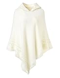Ferand Damen Kapuzen Poncho mit Häkelborde, Cape für Frauen aus Strickmaterial mit Zierfransen, Weiß