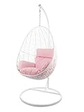 Kideo® Komplettset: Hängesessel mit Gestell & Kissen, Indoor & Outdoor, Poly-Rattan, Lounge (Gestell- und Korbfarbe: weiß, Kissen: rosa Nest (3002_Lemonade))