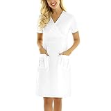 Kleider Damen Pflege Hauswirtschaftskleider Knielang Scrubs Dress Casual V Ausschnitt Pflegekleid mit Zwei Taschen Freizeit Swing ArbeitenKleider Zurück Gürtel Knopf Labor Arbeitskleidung