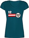 Fussball WM 2022 Fanartikel - 12. Mann Österreich Mannschaft - M - Türkis - Nationalmannschaft - XO1525 - Damen T-Shirt mit V