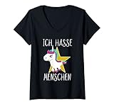 Damen Buntes böses Einhorn Unicorn Pferd Pony - Ich Hasse Menschen T-Shirt mit V