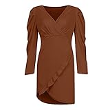 NP Frauen Kleid Rotes tiefes Kleid Rüschen langes Ärmel schlankes unregelmäßig