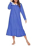 Ekouaer Nachtwäsche, viktorianisches Nachthemd, Baumwolle, Schlafshirt, langärmelig, Pyjama-Kleid, Vintage, Loungewear für Frauen, dunkelblau, Larg