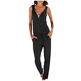 Briskorry Damen Jumpsuit V-Ausschnitt Einteiler Ärmellos Locker Jumpsuit Baumwolle mit Taschen Elegant Breites Bein Hosen, LäSsig Gemütlich Lose Hose, Retro Lose Lange Jump